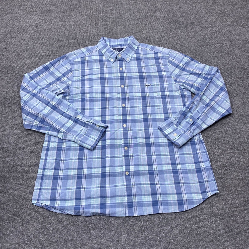 Vineyard Vines Shirt Mens Large Blue Plaid Long Sleeve Button Down Whale Logo